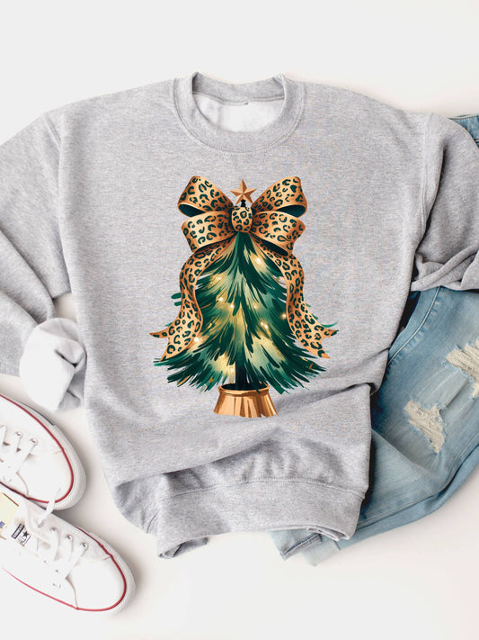 Cheetah Bow Christmas Tree Graphic Sweatshirt