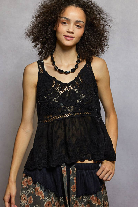 POL V-neck Sleeveless Floral Embroidery Crochet Woven Top