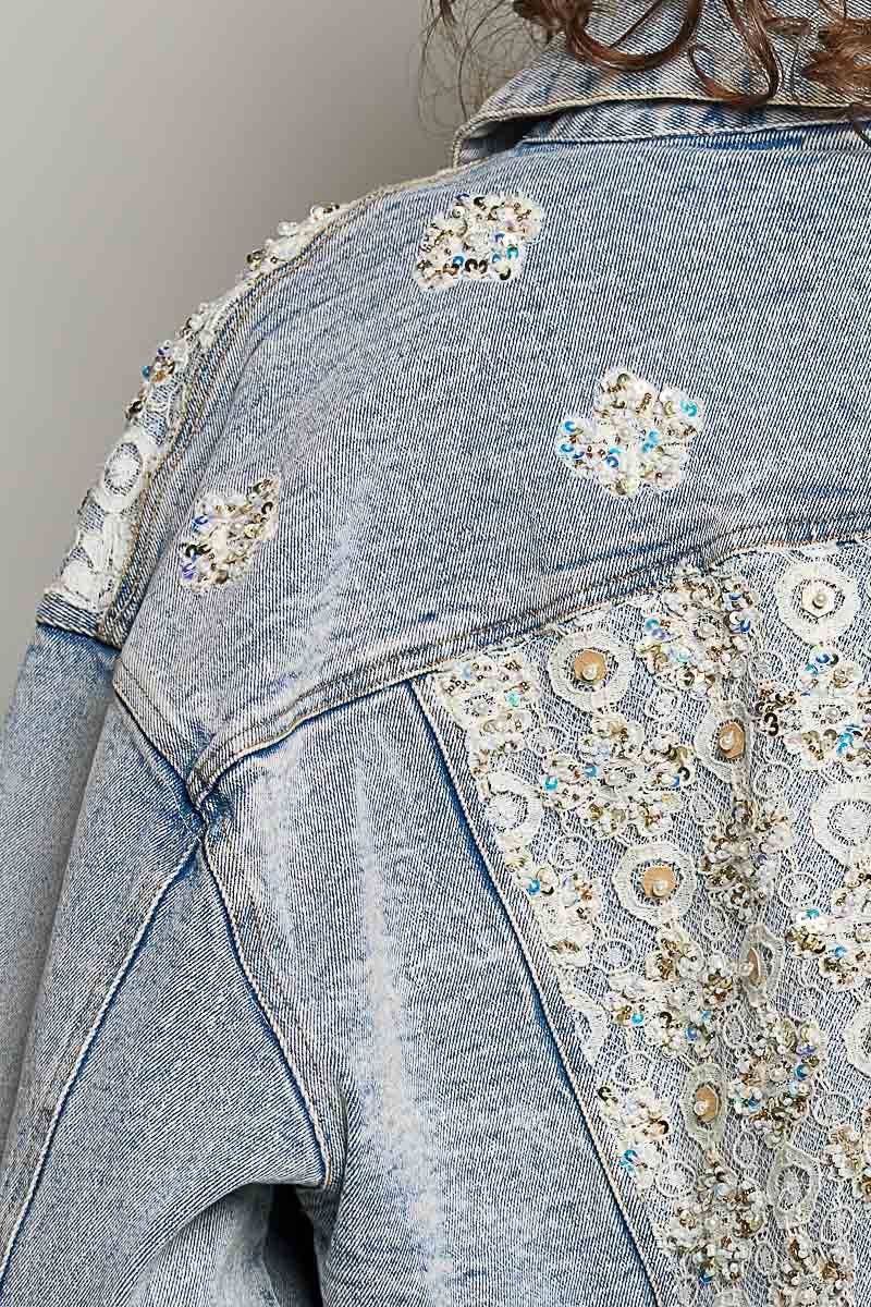 POL Cropped Contrast Panel Lace Hem Denim Jacket
