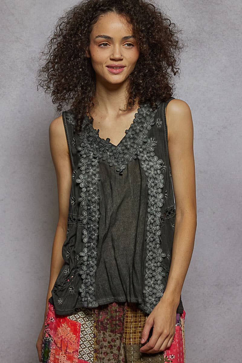 Sleeveless contrast floral lace crochet detail v-neck top