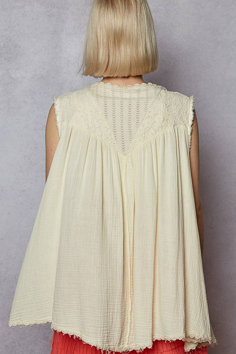 Open front embroidered pearls sleeveless cardigan top SALE