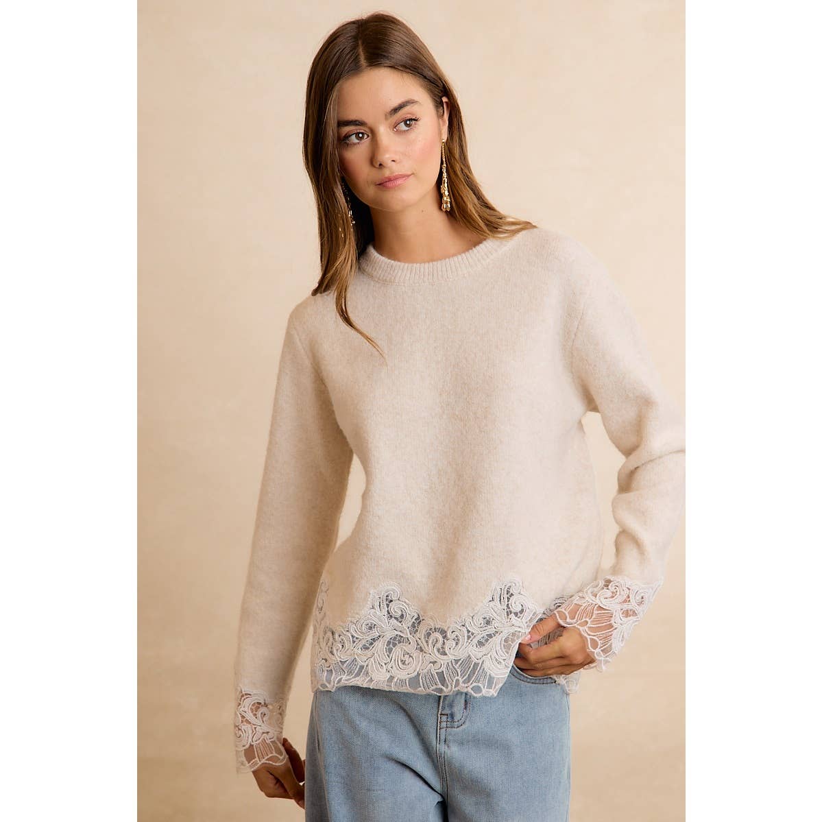 LACE HEM DETAIL CREW NECK SWEATER