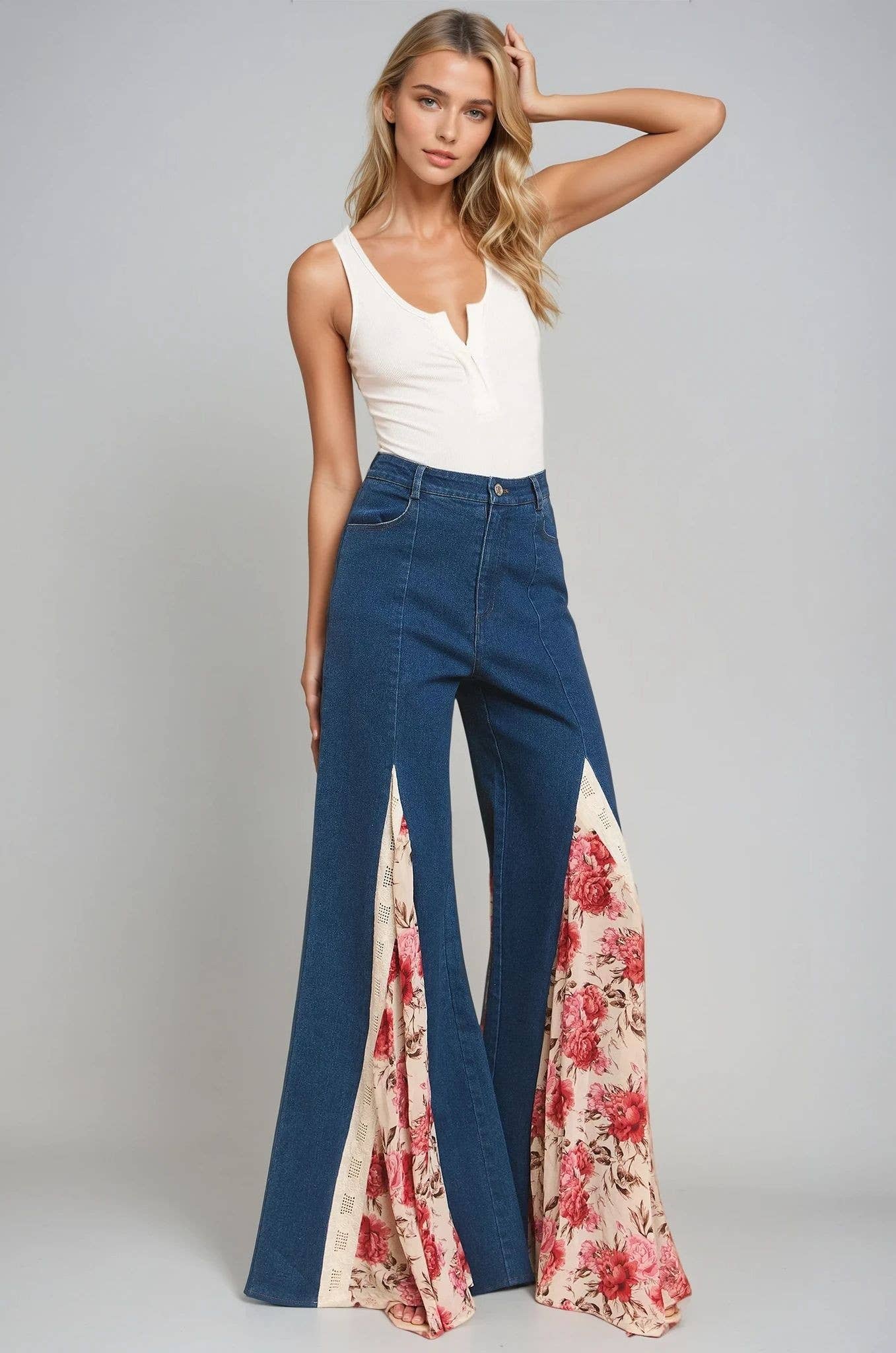 Wisteria Lane FLORAL PRINT LACE DETAIL WIDE LEG DENIM JEANS