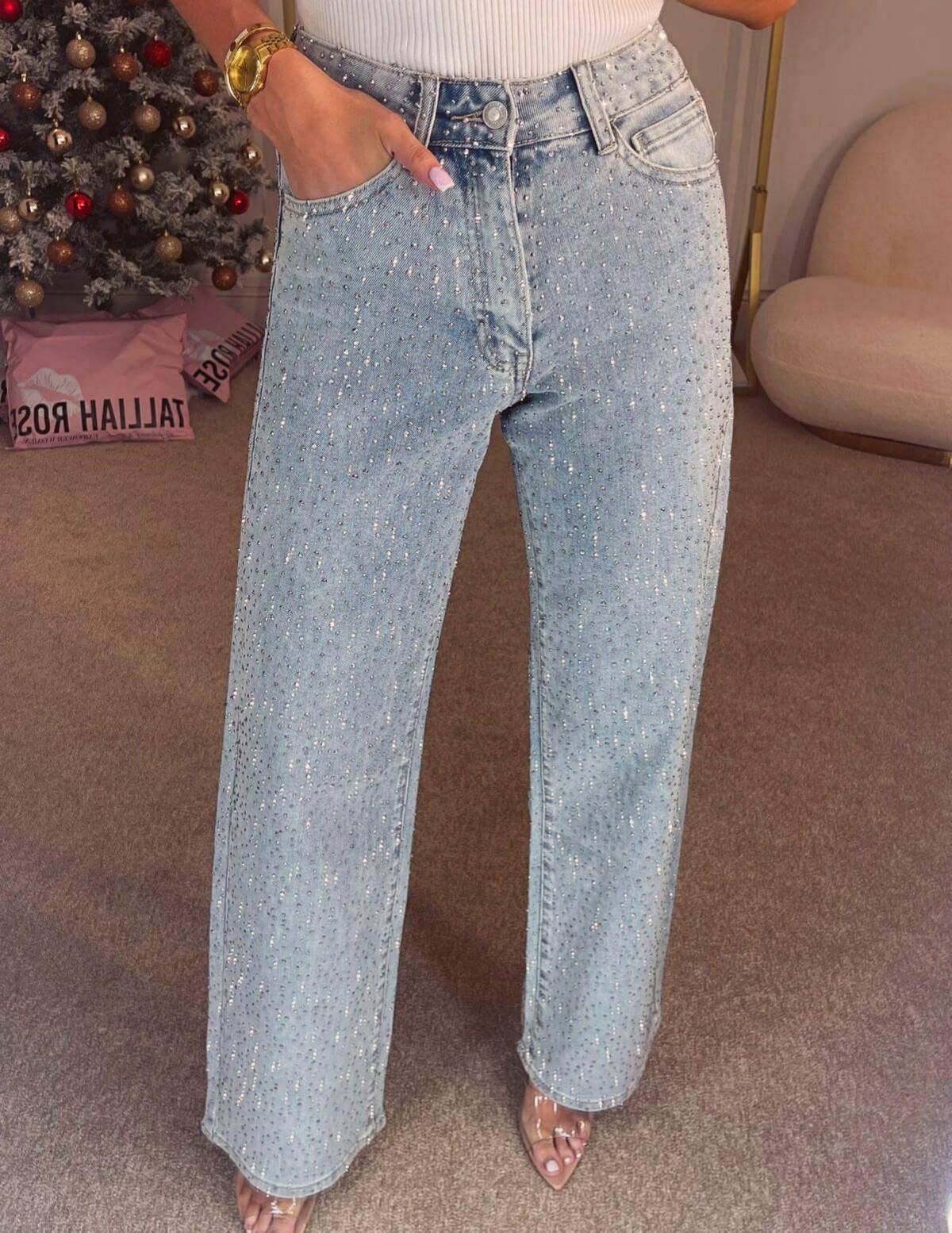 Shiny Rhinestone Straight Wide-Leg Jeans