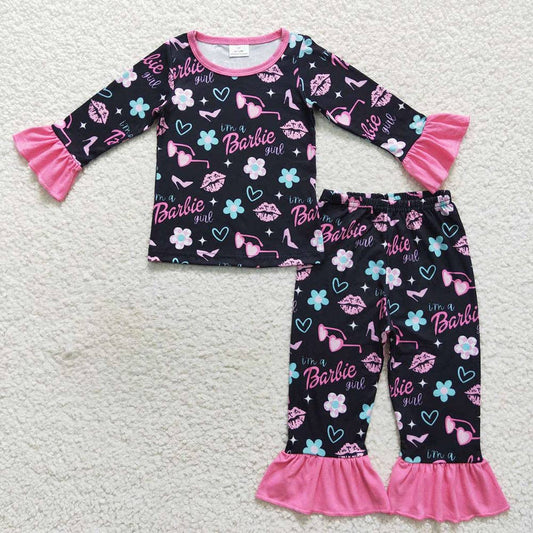 Baby Girls Doll Black Flowers Ruffle Pants Pajamas Clothes S