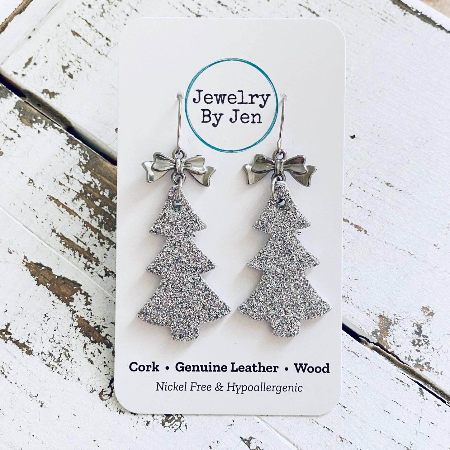 Christmas Tree Earrings: Silver Fine Glitter w/Bow Charm