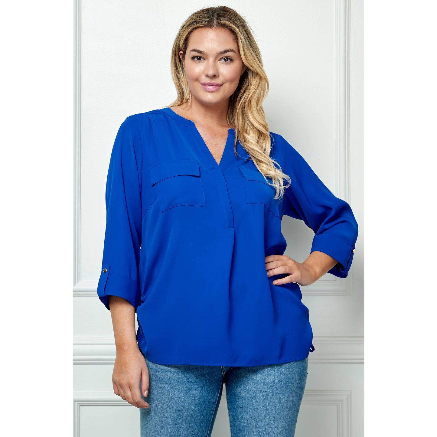 PLUS SIZE TAB SLEEVE MANDARIN COLLAR SHIRT