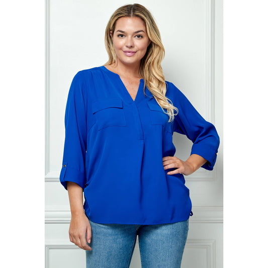 PLUS SIZE TAB SLEEVE MANDARIN COLLAR SHIRT