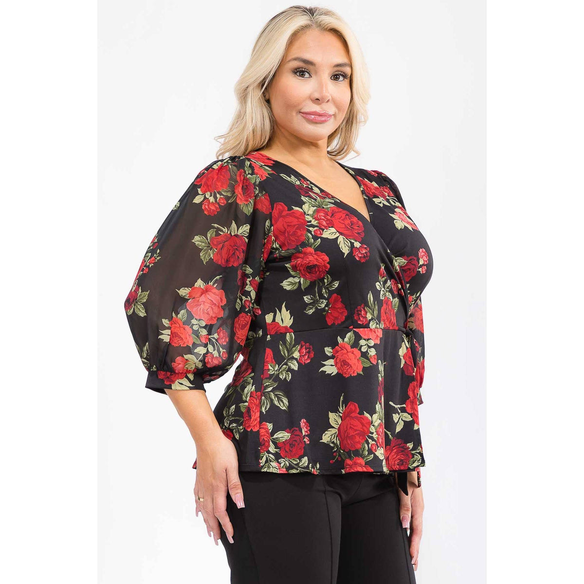 PLUS FLORAL PRINT SLEEVE PUFF MIX MEDIA WRAP