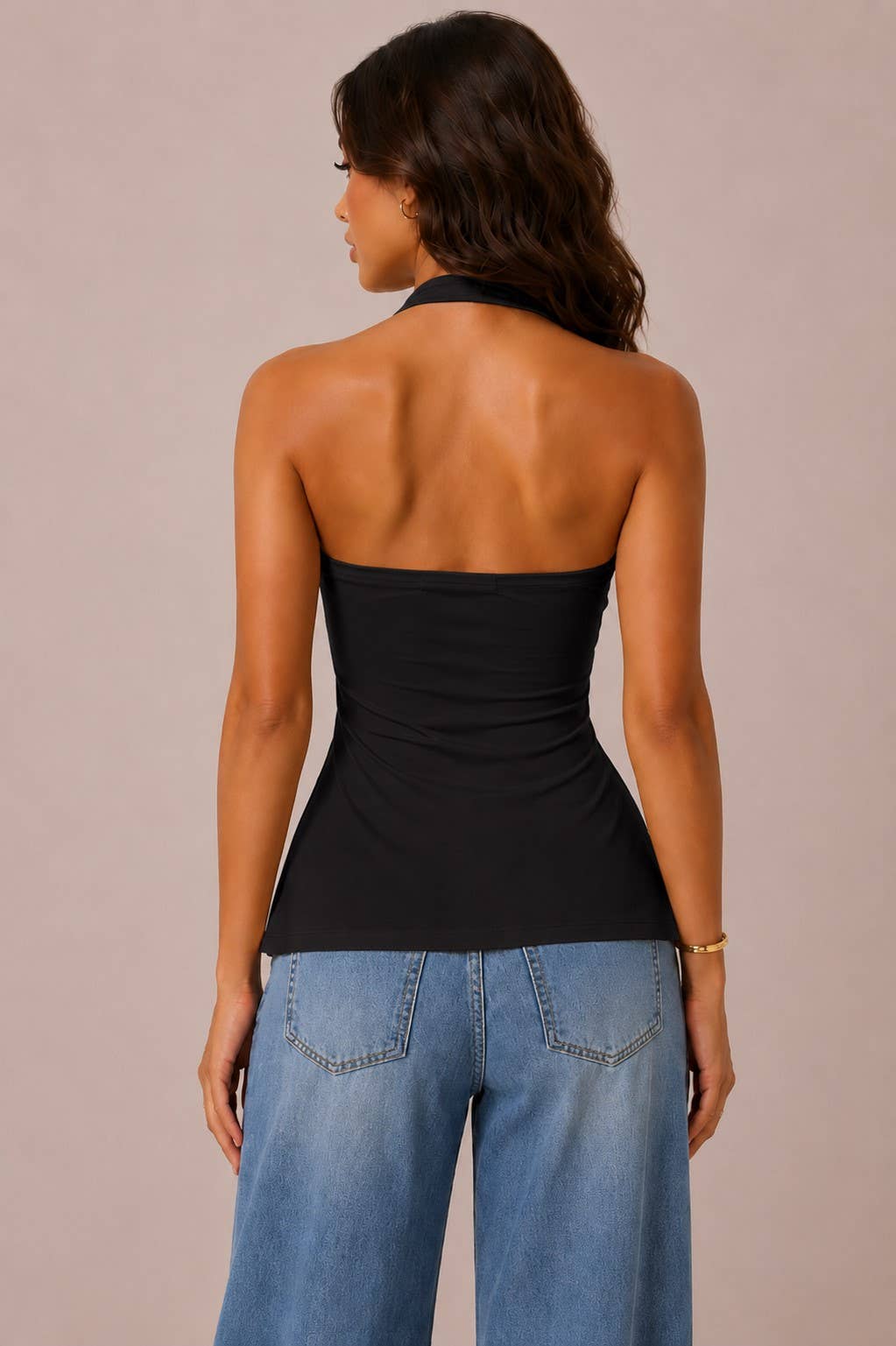 JK57113 - HALTER NECK STARFISH BUCKLE TRIM TANK TOP
