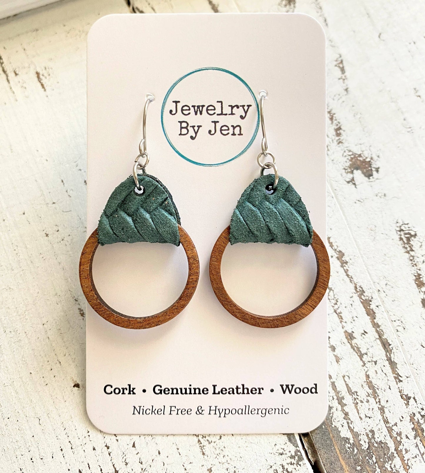 Wood Hoop Earrings:  Pine Green Braided