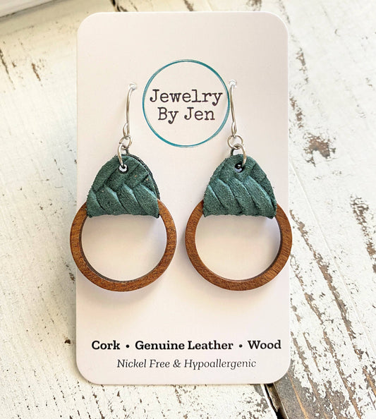 Wood Hoop Earrings:  Pine Green Braided