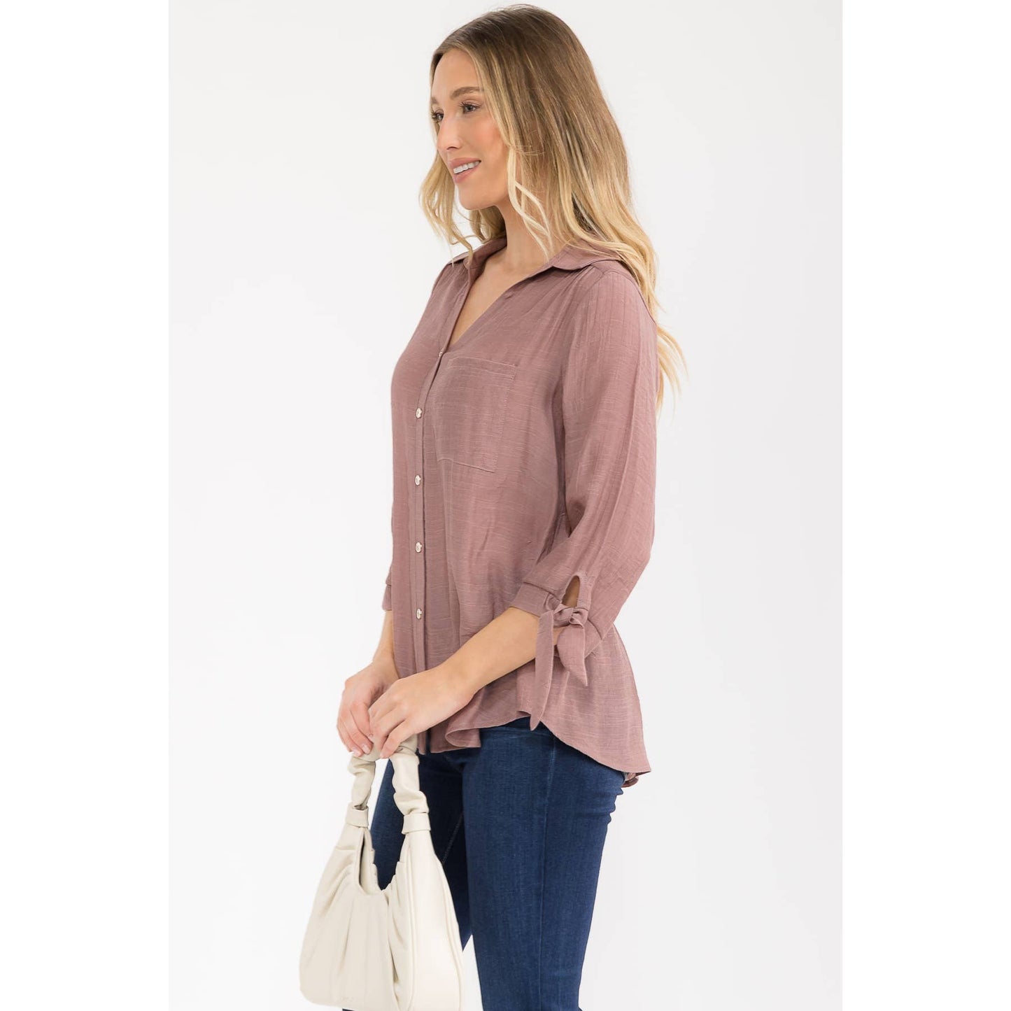 PAPAYA GAUZE COLLAR TIE SLEEVE SHIRT