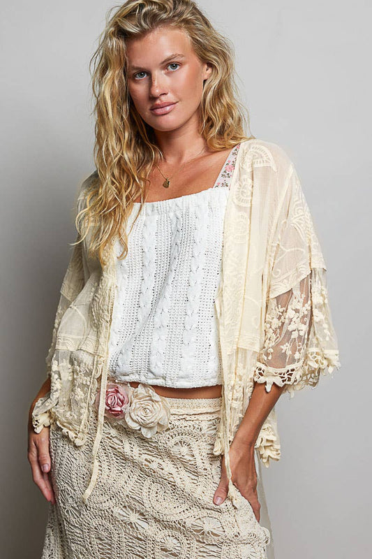 POL 1/2 Sleeve Lace Ruffle Trim Opening Solid Crochet Cardigan