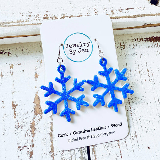 Doorbuster Snowflake Christmas Earrings Blue Glitter