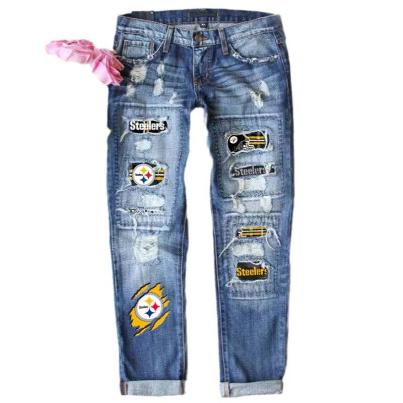 Game Day Distressed Patchwork Ripped Denim Jeans for Women