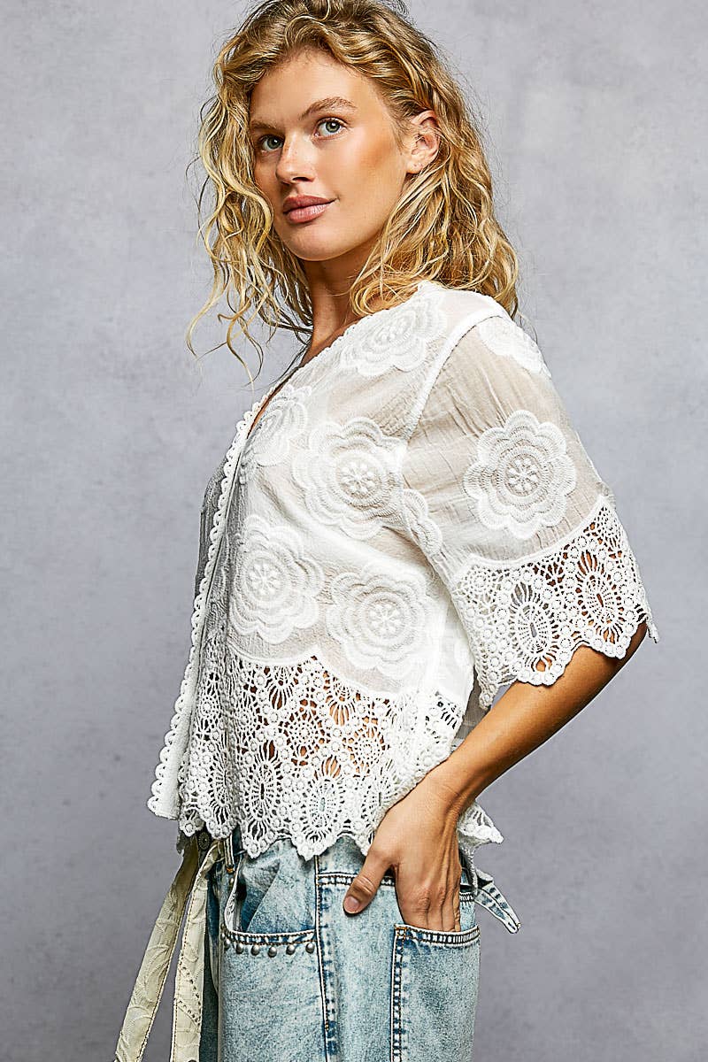 POL Crochet Trim Neckline Short Sleeve Jacket Top
