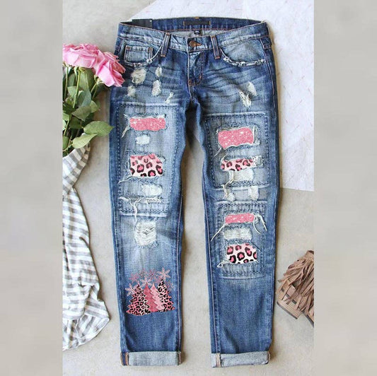 Leopard Patch Christmas Tree Ripped Jeans for Women