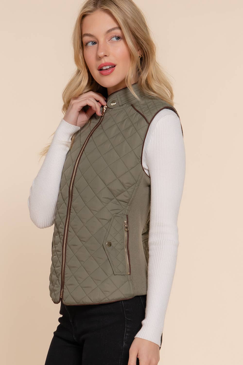 Suede Piping Rib Quilted Padding Jacket / Vest