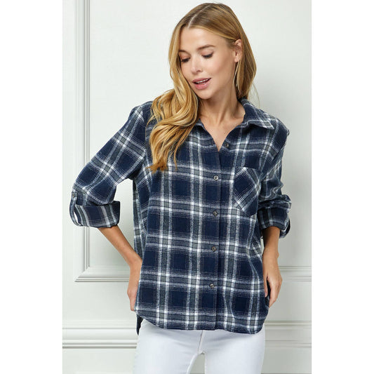 PLAID FLANNEL ROLL SLEEVES  COLLAR NECK SHIRTS