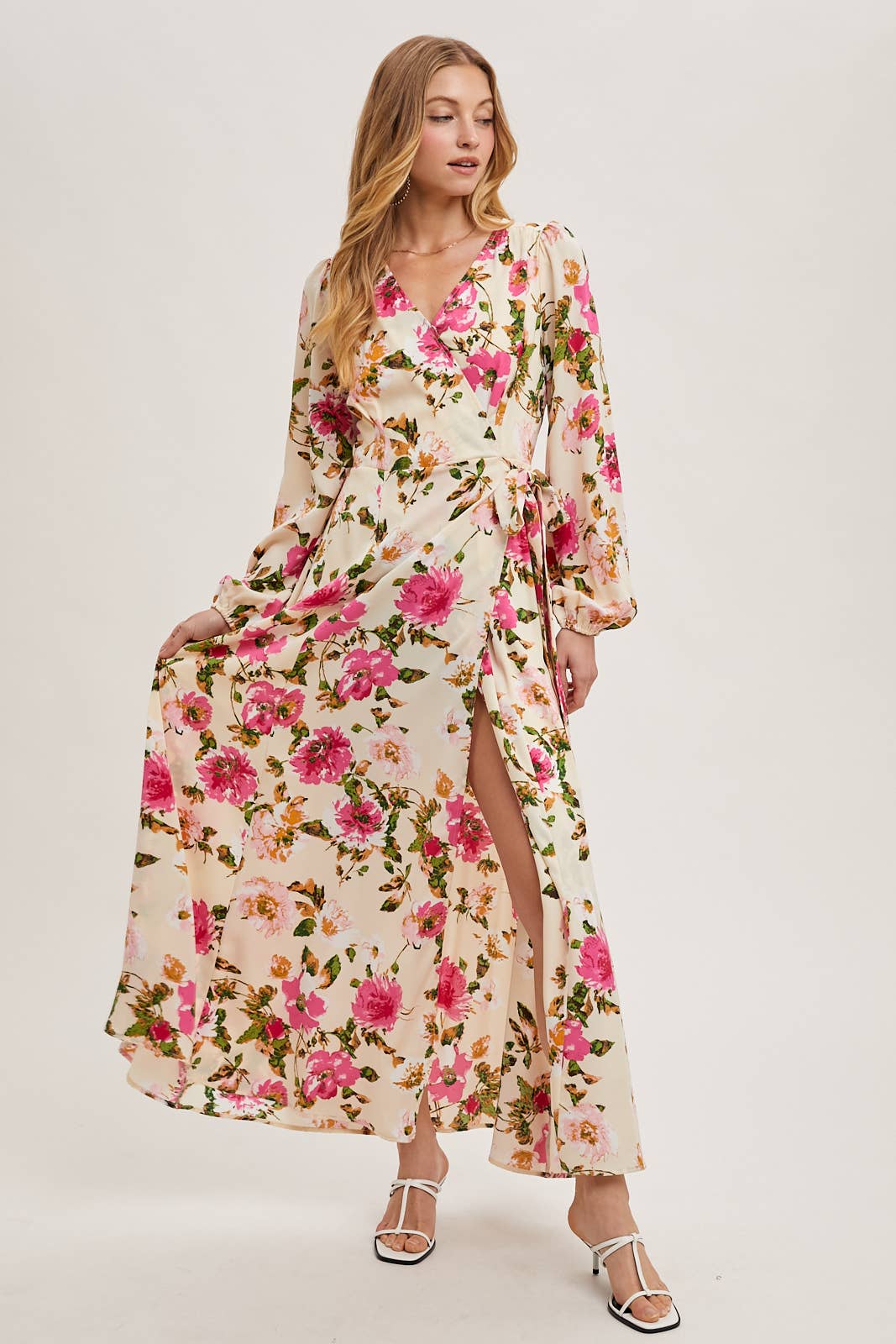 FLORAL SATIN WRAP MAXI DRESS
