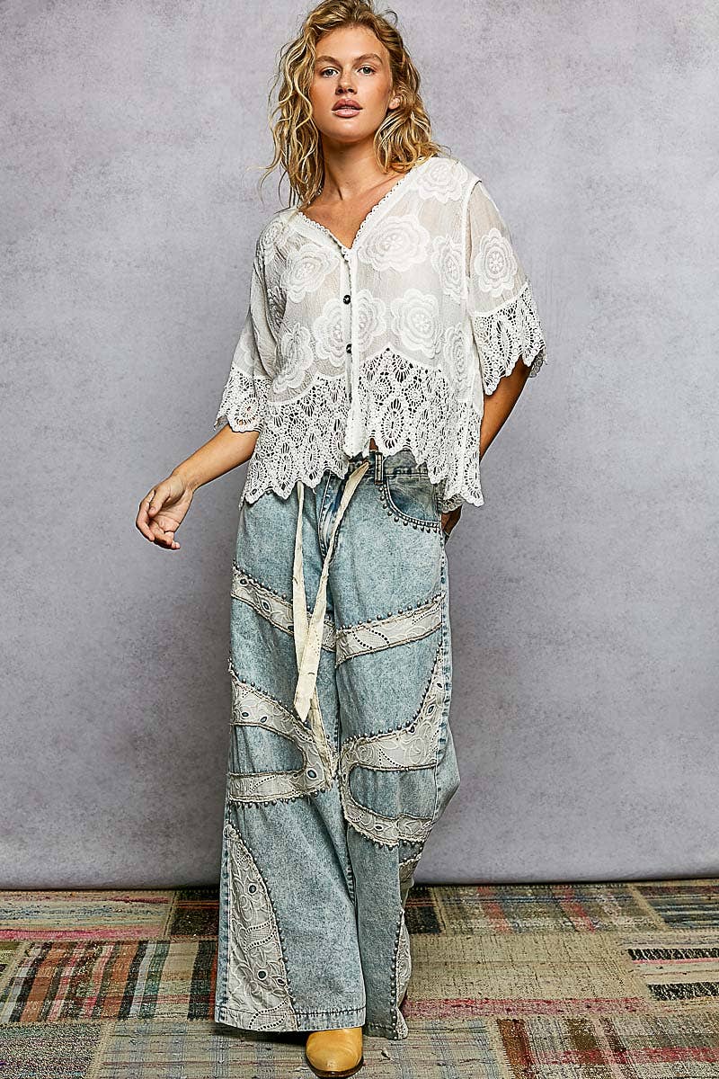 POL Crochet Trim Neckline Short Sleeve Jacket Top