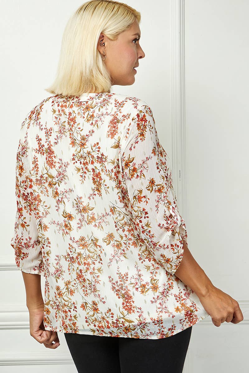 PLUS SIZE LINED BLOUSE WITH 3/4 BUTTON TAB SLEEVES