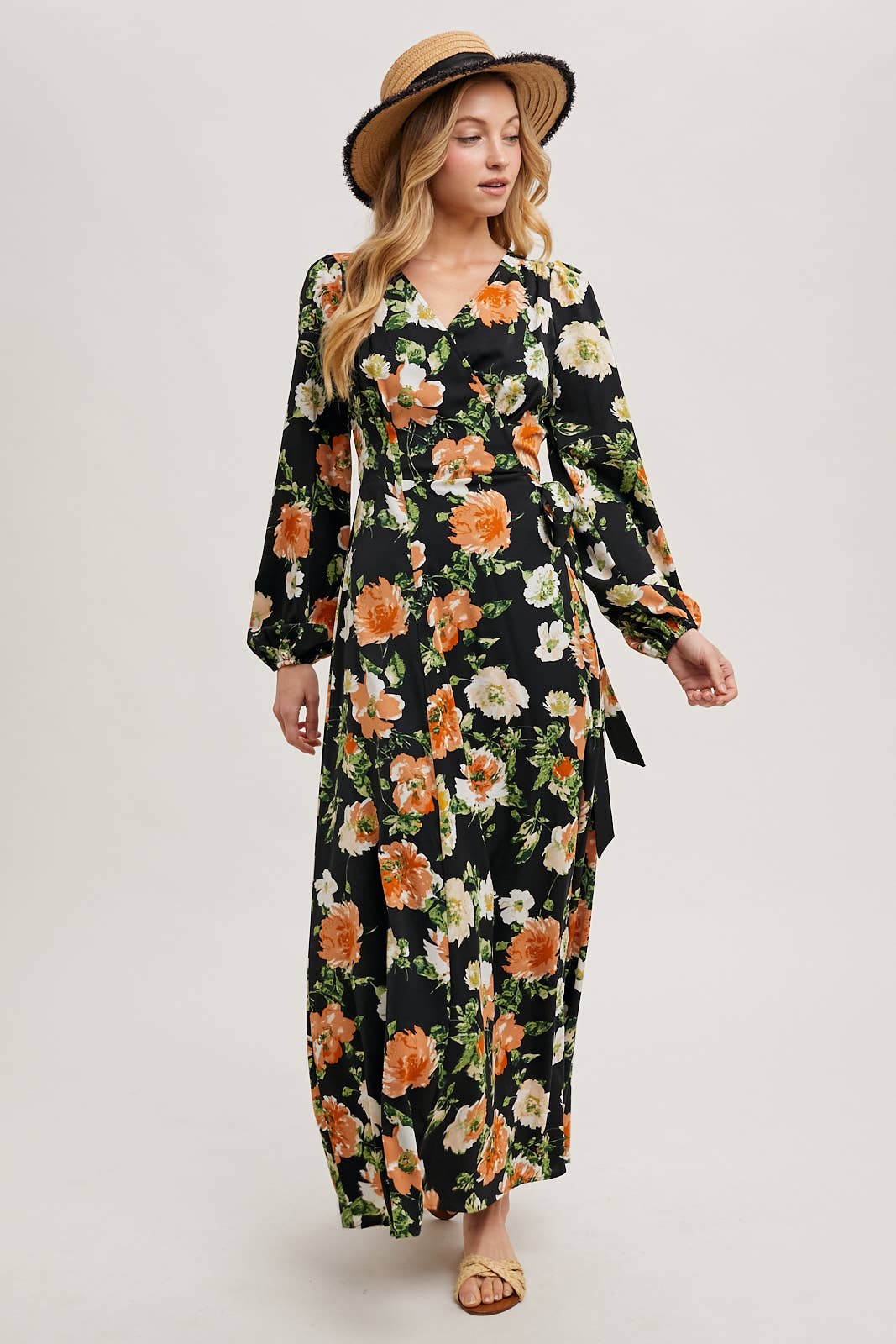 FLORAL SATIN WRAP MAXI DRESS