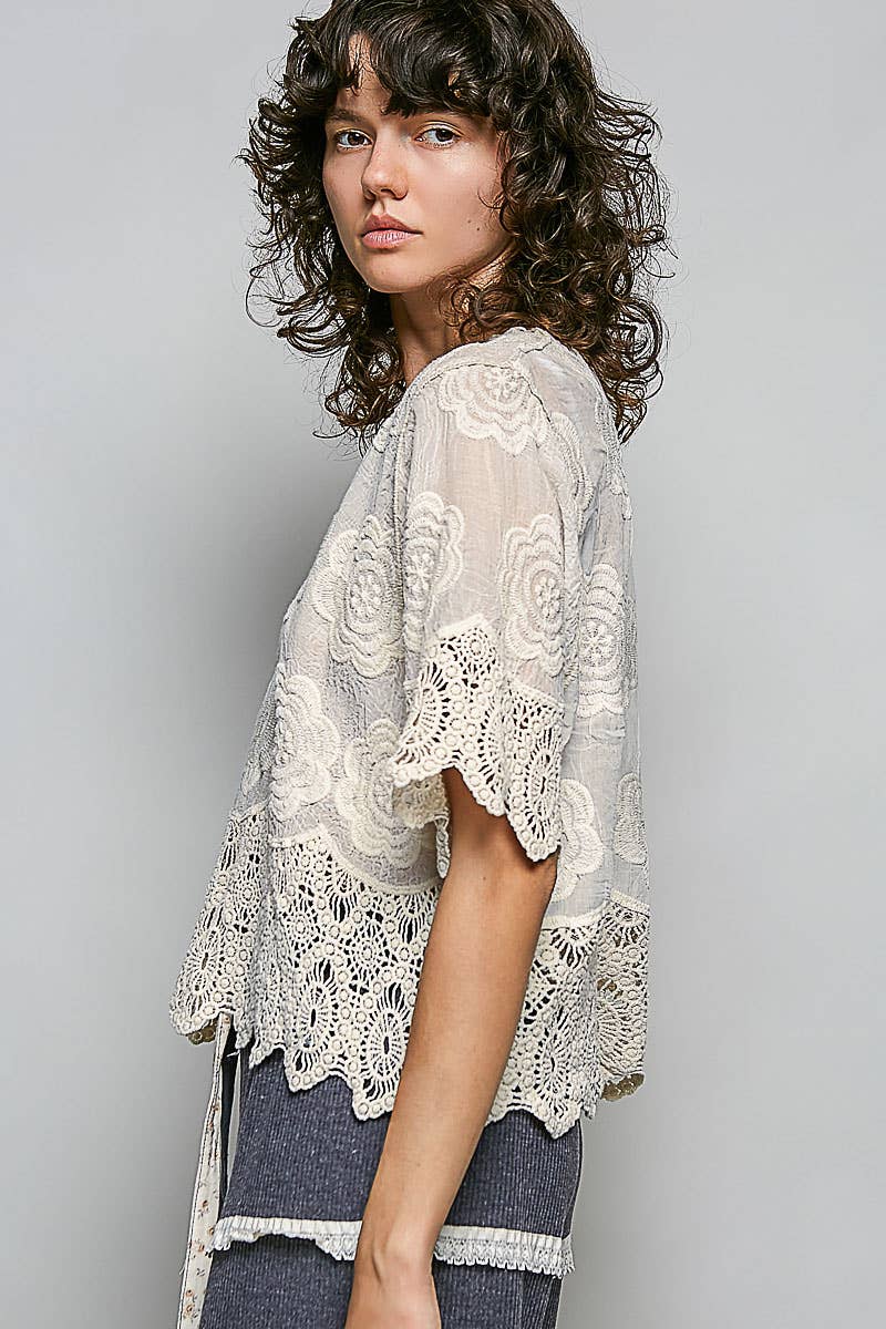 POL Crochet Trim Neckline Short Sleeve Jacket Top