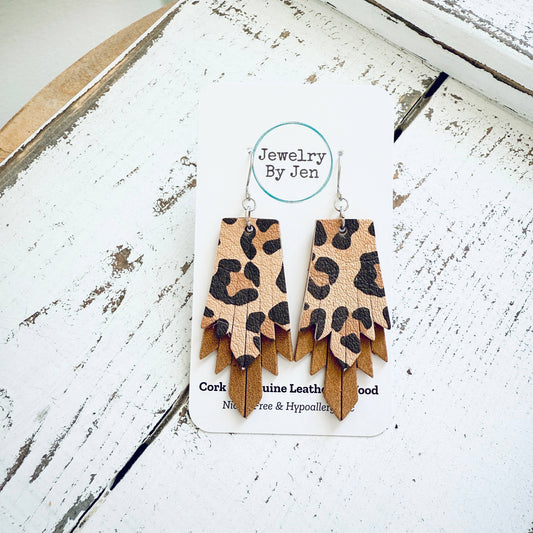 Boho Fringe Earrings: Leopard & Tan