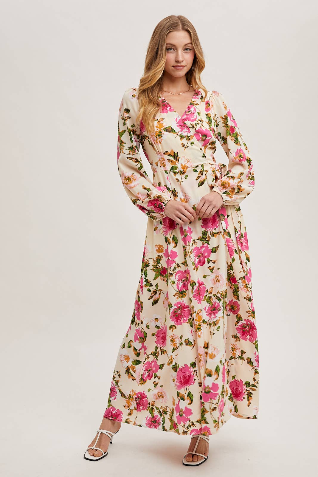 FLORAL SATIN WRAP MAXI DRESS
