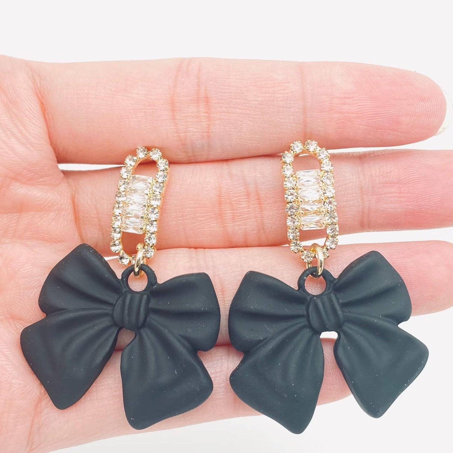 Black Bow Rhinestone Earrings