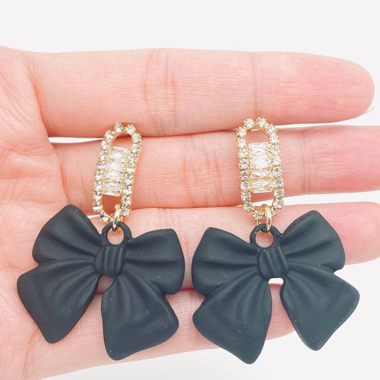 Black Bow Rhinestone Earrings