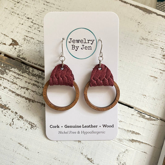 Wood Hoop Earrings:  Burgundy Braided