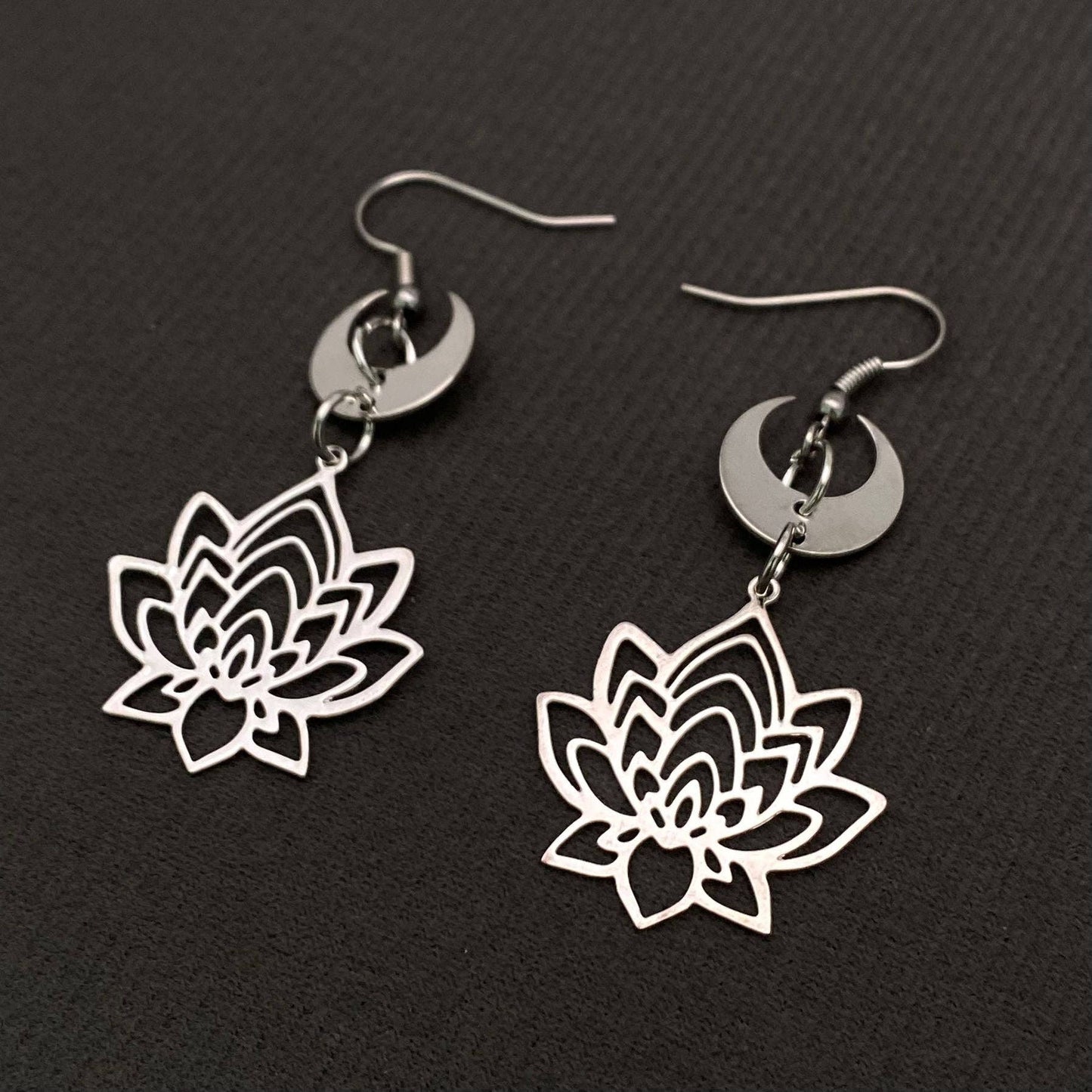 Hollow Lotus Moon Charm Dangle Earrings
