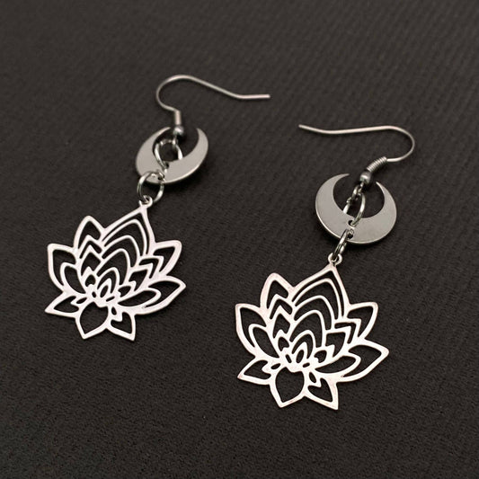 Hollow Lotus Moon Charm Dangle Earrings