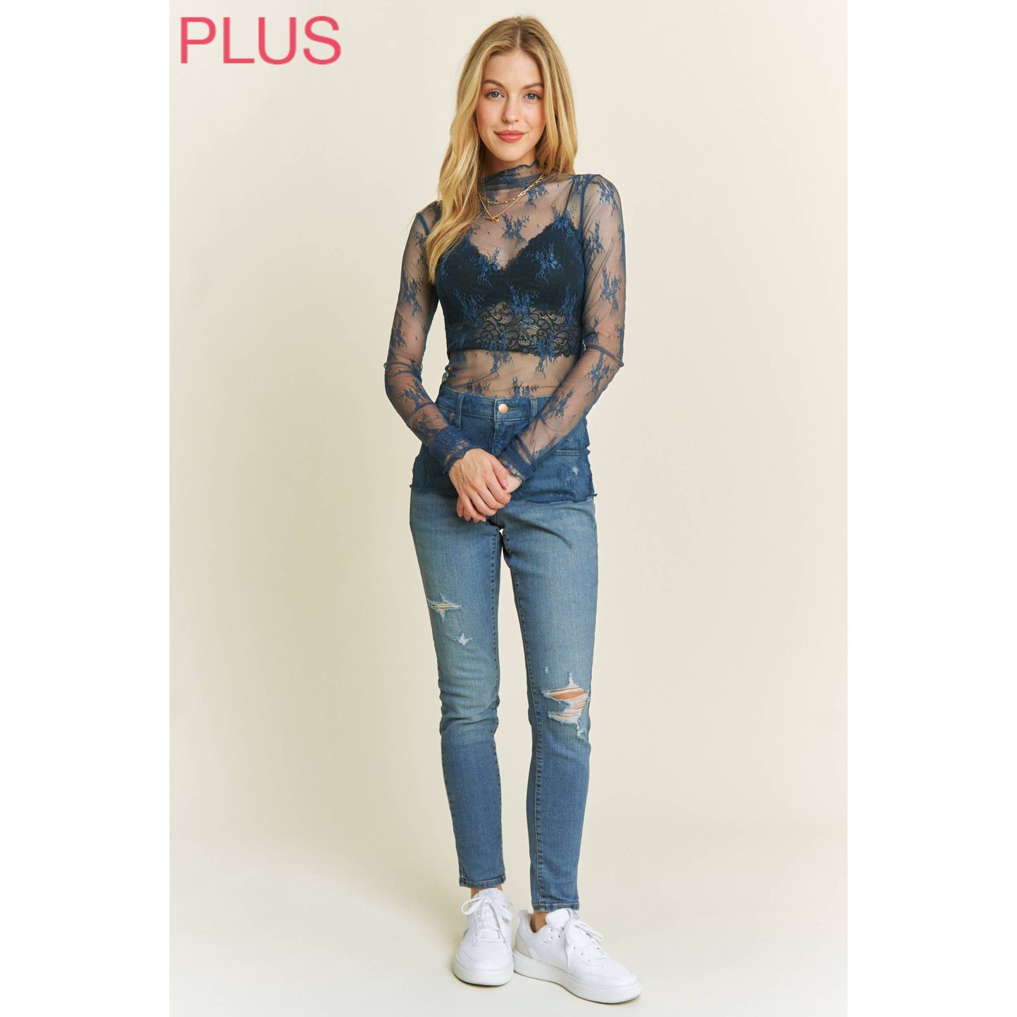 PLUS MESH LACE HIGH NECK DESIGN LONG SLEEVE FITTED TOP