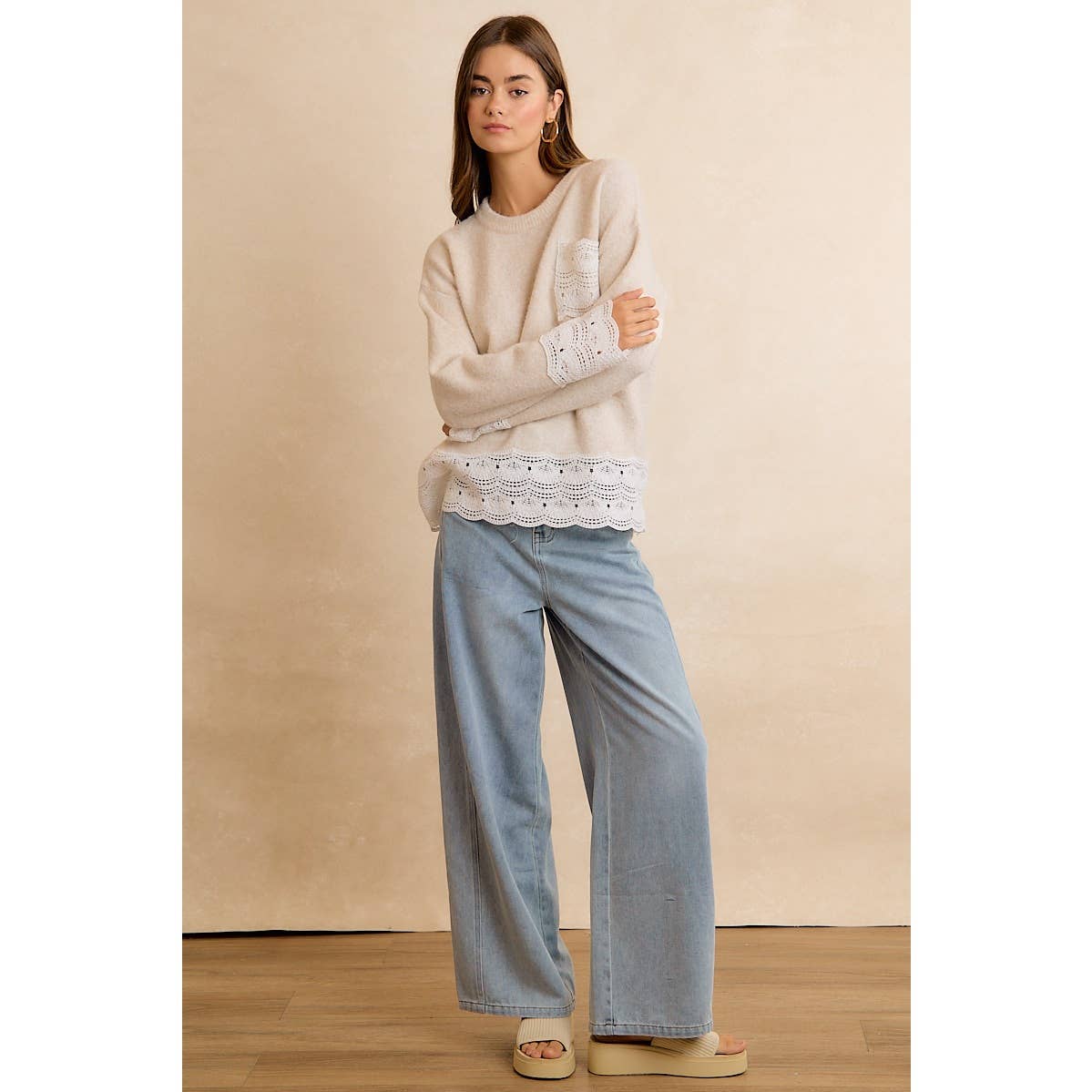 NEW WOMEN CROCHET N LACE BIBI SWEATER