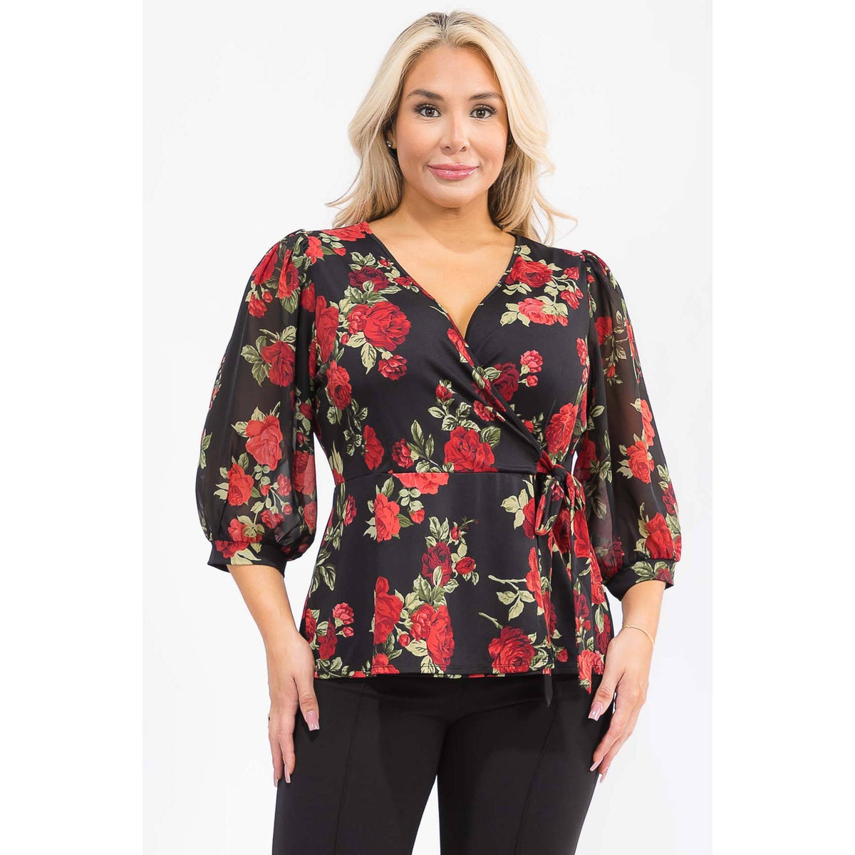 PLUS FLORAL PRINT SLEEVE PUFF MIX MEDIA WRAP