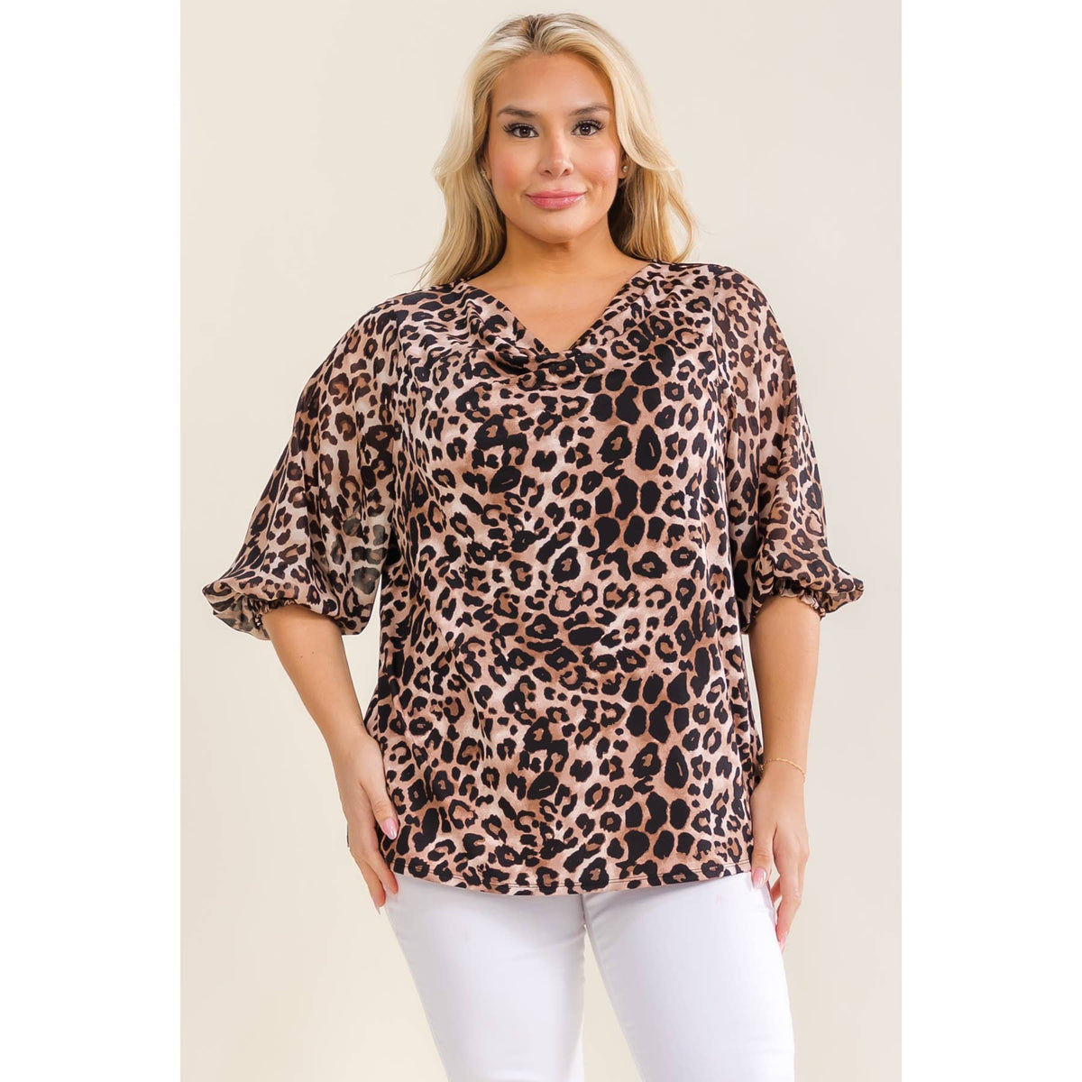 PLUS ANIMAL PRINT COWL NECK BLOUSE