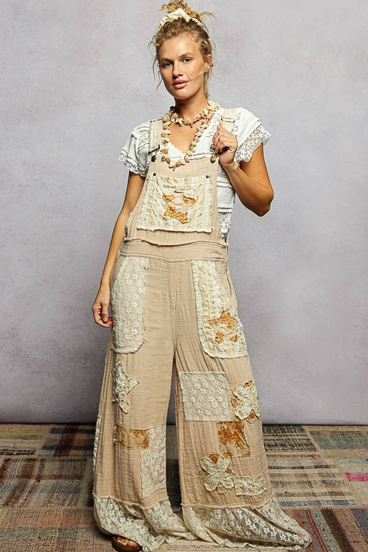 POL Double Gauze Lace Contrast Side Zipper Patchwork Overalls