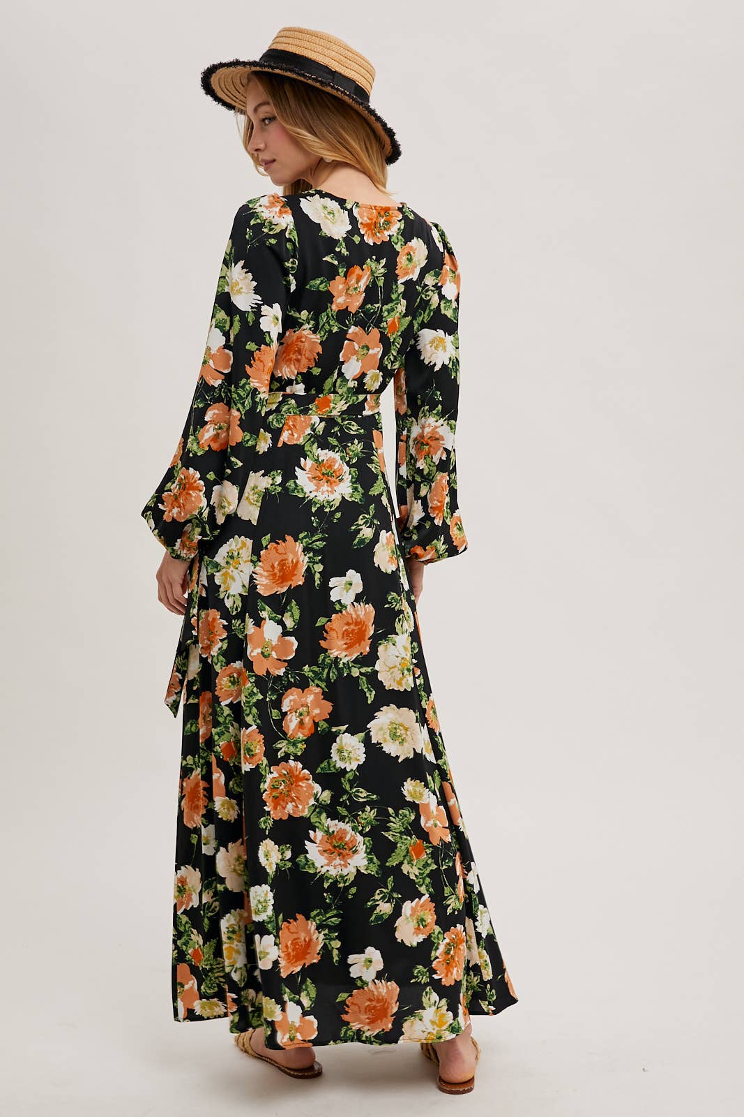 FLORAL SATIN WRAP MAXI DRESS