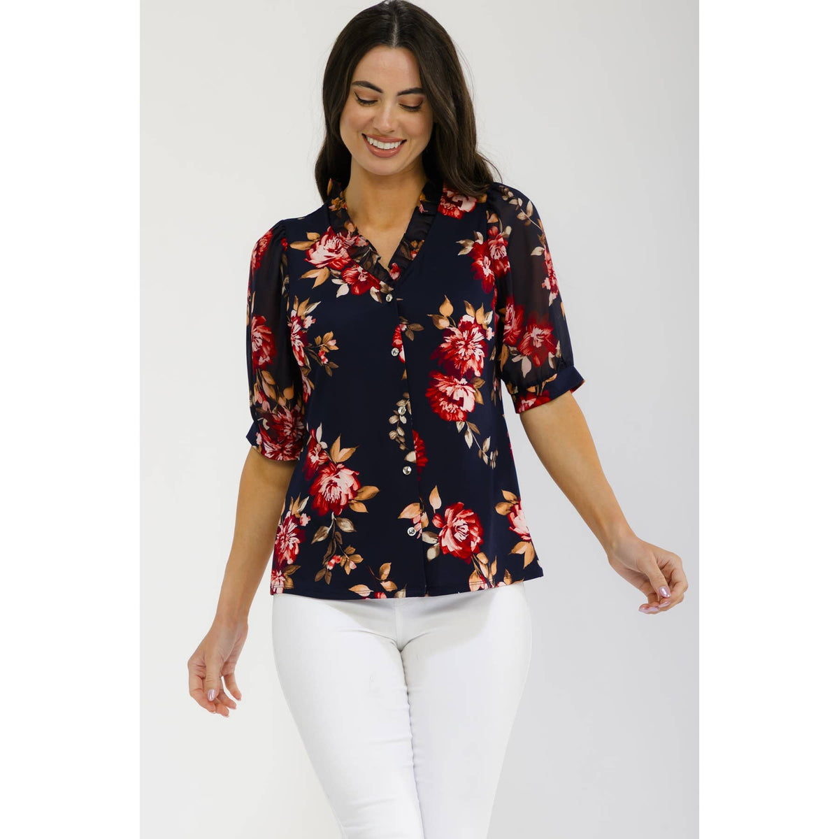 FLORAL MIX MEDIA RUFFLE SHIRT