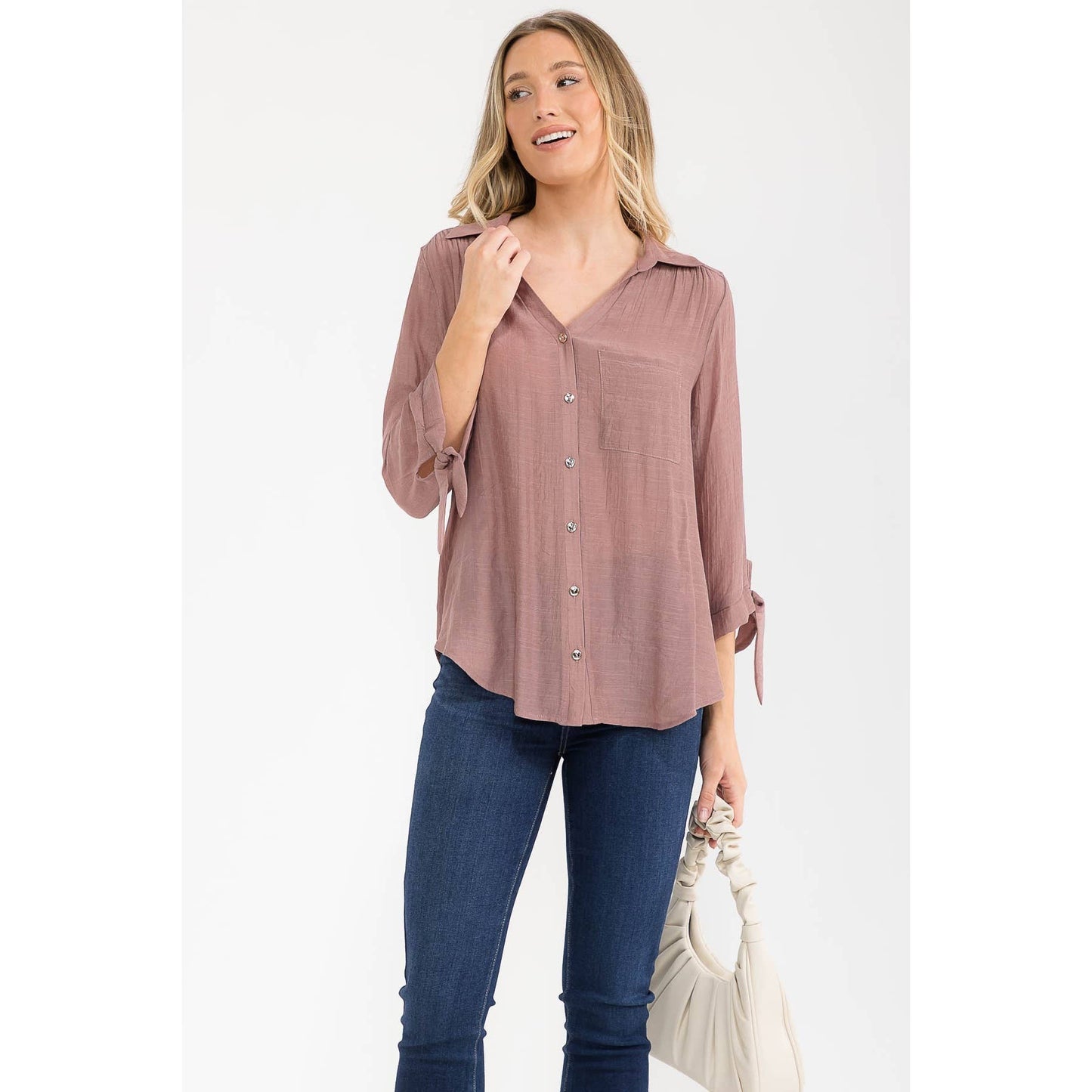 PAPAYA GAUZE COLLAR TIE SLEEVE SHIRT