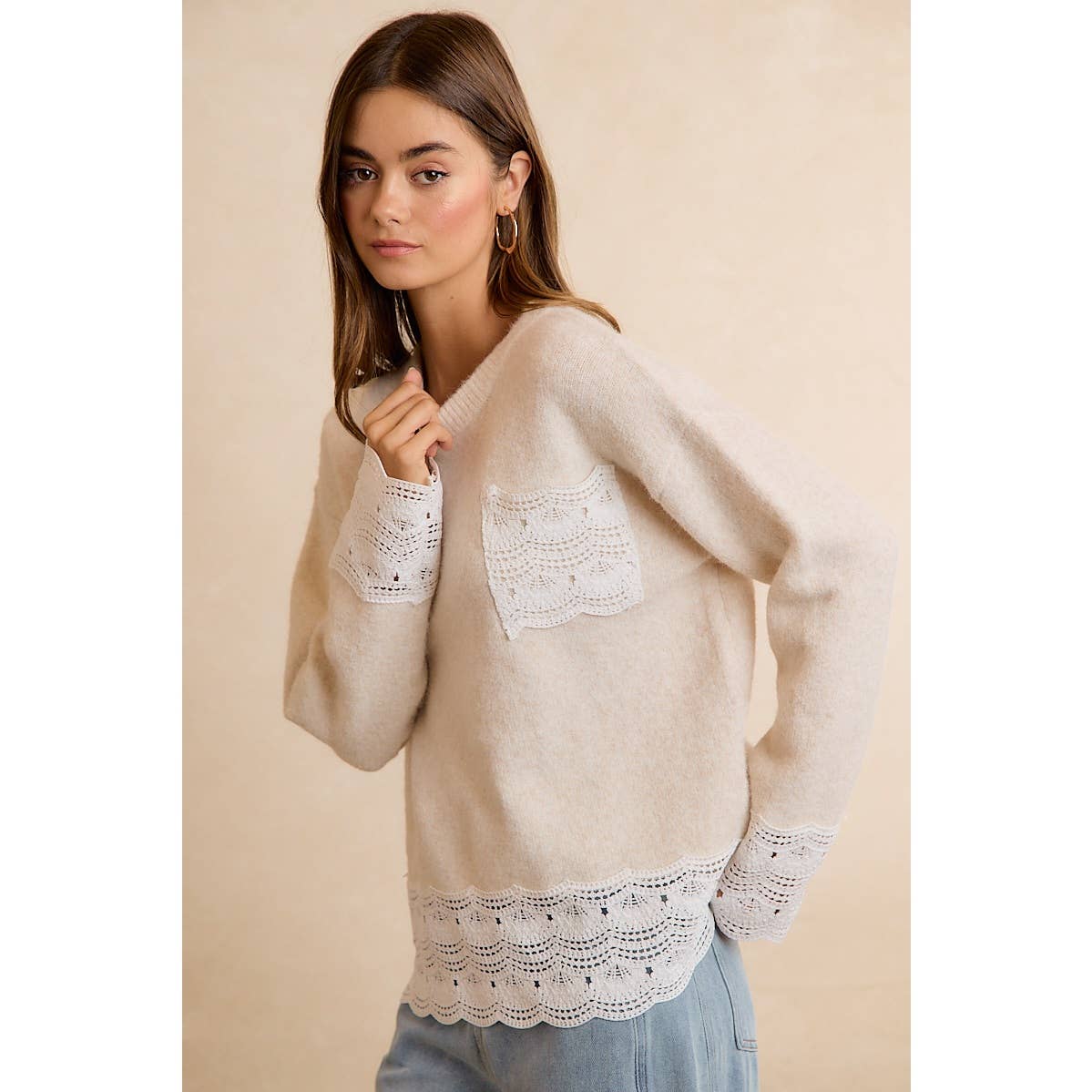 NEW WOMEN CROCHET N LACE BIBI SWEATER