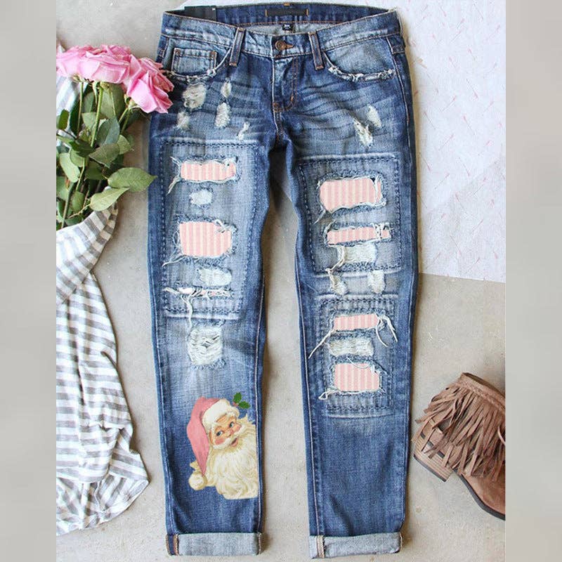 Vintage Print Distressed Jeans Women Christmas Denim