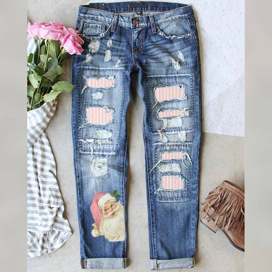 Vintage Print Distressed Jeans Women Christmas Denim