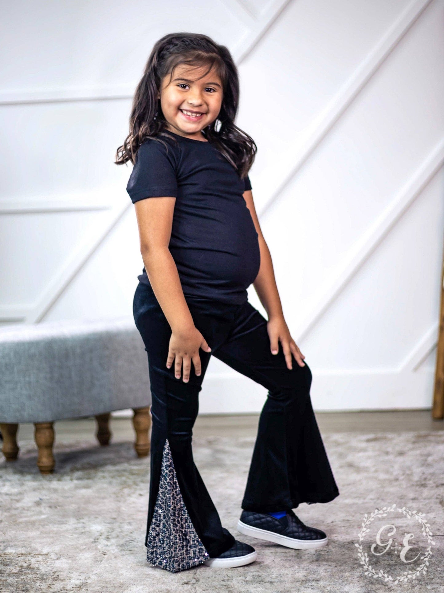 Girls Diva on the Mic Sequins Flare Pants, Black Velvet