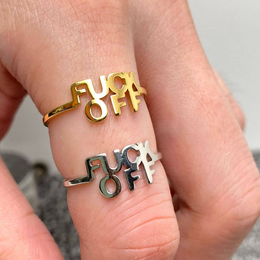 Gold Plated Stainless Steel 'FUCK OFF' Adjustable Ring