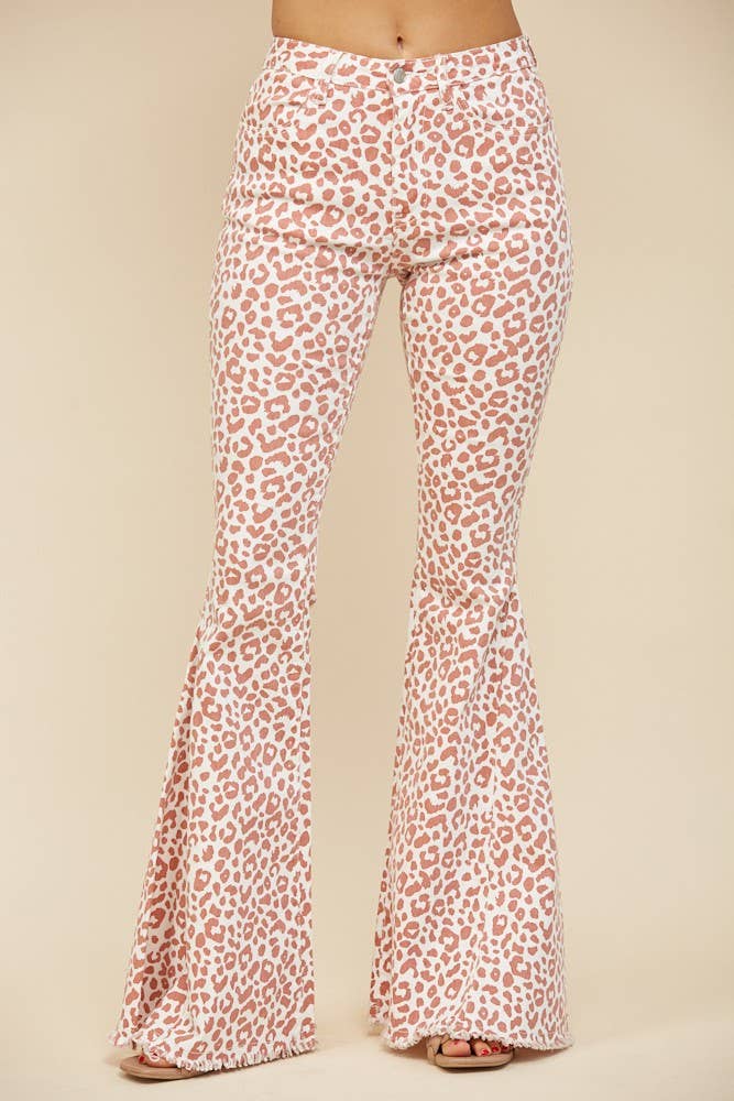 Wisteria Lane LEOPARD ANIMAL PRINT BELLBOTTOM JEANS - PINK